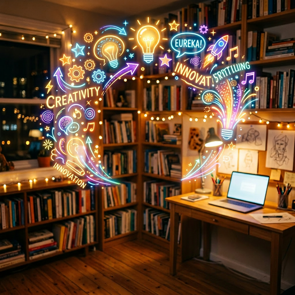 Woman surrounded by glowing illustrations of light bulbs, gears, and words like creativity, innovation, and eureka